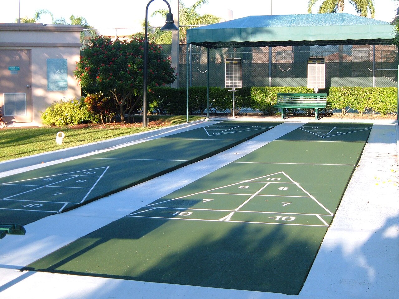 Two empty outdoor shuffleboard courts under palm trees.